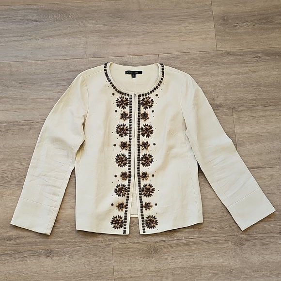 Lafayette 148 New York Jackets & Blazers - Lafayette 148 Linen Embellished Wood Beaded Cream Jacket Size 8